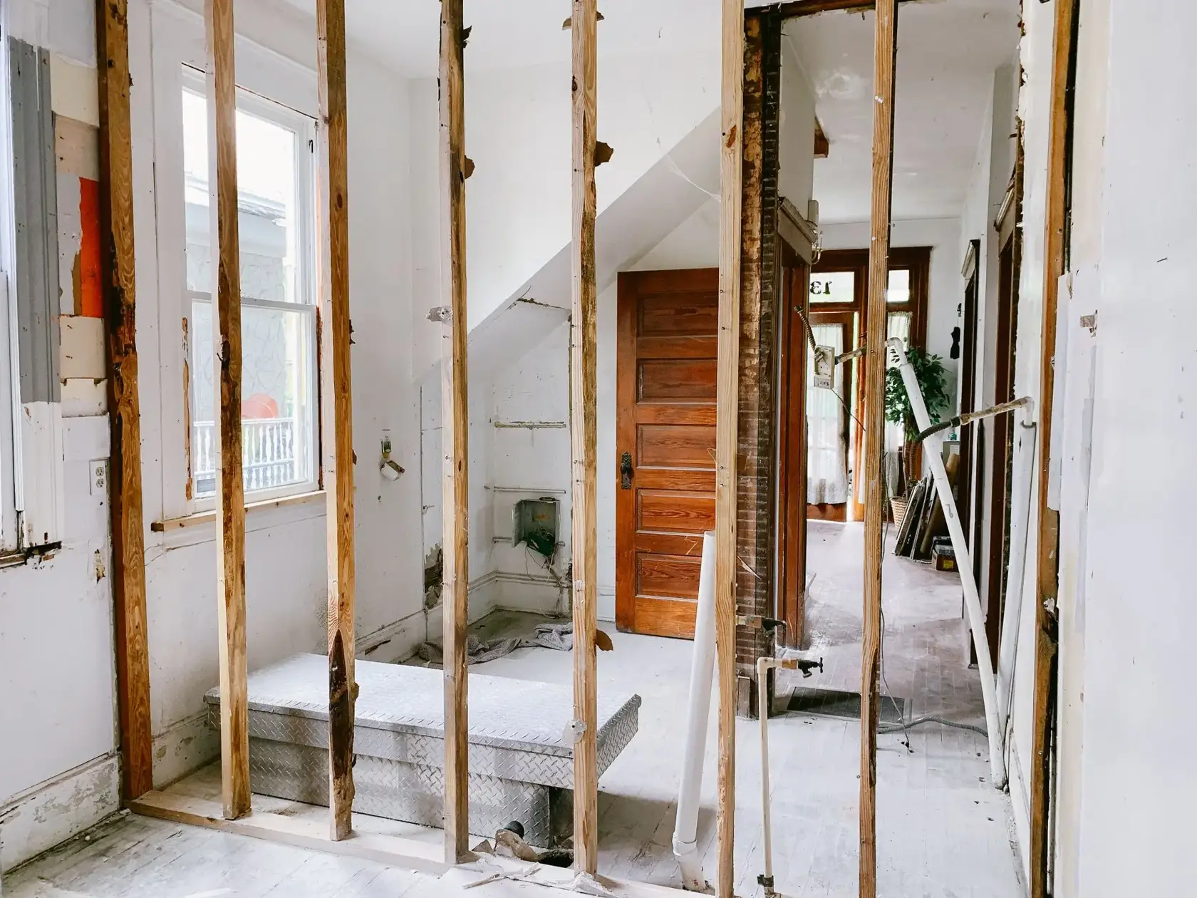 Home interior stripped to the studs during a full renovation